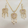 Oro Laminado Earring and Pendant Adult Set, Gold Filled Style Heart and Flower Design, with Ruby and White Cubic Zirconia, Polished, Golden Finish, 10.196.0023.1