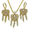 Oro Laminado Earring and Pendant Adult Set, Gold Filled Style Heart and Flower Design, with White Cubic Zirconia, Polished, Golden Finish, 10.196.0023.2