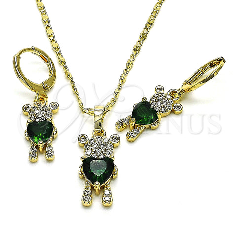 Oro Laminado Earring and Pendant Adult Set, Gold Filled Style Teddy Bear and Heart Design, with Green Cubic Zirconia and White Micro Pave, Polished, Golden Finish, 10.196.0027