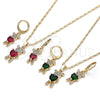 Oro Laminado Earring and Pendant Adult Set, Gold Filled Style Teddy Bear and Heart Design, with Green Cubic Zirconia and White Micro Pave, Polished, Golden Finish, 10.196.0027