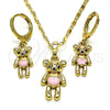 Oro Laminado Earring and Pendant Adult Set, Gold Filled Style Teddy Bear Design, with Black Cubic Zirconia, Pink Enamel Finish, Golden Finish, 10.196.0035
