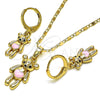 Oro Laminado Earring and Pendant Adult Set, Gold Filled Style Teddy Bear Design, with Black Cubic Zirconia, Pink Enamel Finish, Golden Finish, 10.196.0035