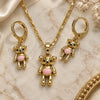 Oro Laminado Earring and Pendant Adult Set, Gold Filled Style Teddy Bear Design, with Black Cubic Zirconia, Pink Enamel Finish, Golden Finish, 10.196.0035