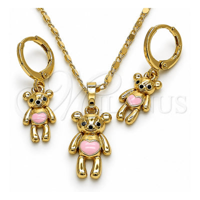Oro Laminado Earring and Pendant Adult Set, Gold Filled Style Teddy Bear Design, with Black Cubic Zirconia, Pink Enamel Finish, Golden Finish, 10.196.0035