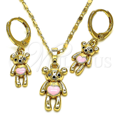 Oro Laminado Earring and Pendant Adult Set, Gold Filled Style Teddy Bear Design, with Black Cubic Zirconia, Pink Enamel Finish, Golden Finish, 10.196.0035