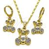 Oro Laminado Earring and Pendant Adult Set, Gold Filled Style Teddy Bear Design, with Amethyst and Black Micro Pave, Polished, Golden Finish, 10.196.0036