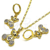 Oro Laminado Earring and Pendant Adult Set, Gold Filled Style Teddy Bear Design, with Amethyst and Black Micro Pave, Polished, Golden Finish, 10.196.0036