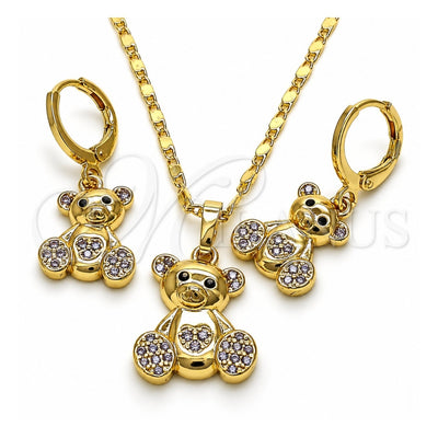 Oro Laminado Earring and Pendant Adult Set, Gold Filled Style Teddy Bear Design, with Amethyst and Black Micro Pave, Polished, Golden Finish, 10.196.0036