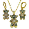 Oro Laminado Earring and Pendant Adult Set, Gold Filled Style Teddy Bear Design, with Black Cubic Zirconia and Green Micro Pave, Polished, Golden Finish, 10.196.0038
