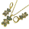Oro Laminado Earring and Pendant Adult Set, Gold Filled Style Teddy Bear Design, with Black Cubic Zirconia and Green Micro Pave, Polished, Golden Finish, 10.196.0038