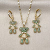 Oro Laminado Earring and Pendant Adult Set, Gold Filled Style Teddy Bear Design, with Black Cubic Zirconia and Green Micro Pave, Polished, Golden Finish, 10.196.0038