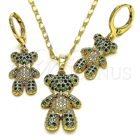 Oro Laminado Earring and Pendant Adult Set, Gold Filled Style Teddy Bear Design, with Black Cubic Zirconia and Green Micro Pave, Polished, Golden Finish, 10.196.0038