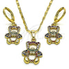 Oro Laminado Earring and Pendant Adult Set, Gold Filled Style Teddy Bear Design, with Multicolor Micro Pave, Polished, Golden Finish, 10.196.0043