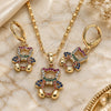 Oro Laminado Earring and Pendant Adult Set, Gold Filled Style Teddy Bear Design, with Multicolor Micro Pave, Polished, Golden Finish, 10.196.0043