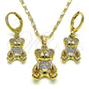 Oro Laminado Earring and Pendant Adult Set, Gold Filled Style Teddy Bear Design, with White Micro Pave, Polished, Golden Finish, 10.196.0045