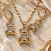 Oro Laminado Earring and Pendant Adult Set, Gold Filled Style Teddy Bear Design, with White Micro Pave, Polished, Golden Finish, 10.196.0045
