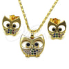 Oro Laminado Earring and Pendant Adult Set, Gold Filled Style Owl Design, with Multicolor Micro Pave and Black Cubic Zirconia, Polished, Golden Finish, 10.196.0049
