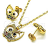 Oro Laminado Earring and Pendant Adult Set, Gold Filled Style Owl Design, with Multicolor Micro Pave and Black Cubic Zirconia, Polished, Golden Finish, 10.196.0049