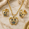 Oro Laminado Earring and Pendant Adult Set, Gold Filled Style Owl Design, with Multicolor Micro Pave and Black Cubic Zirconia, Polished, Golden Finish, 10.196.0049