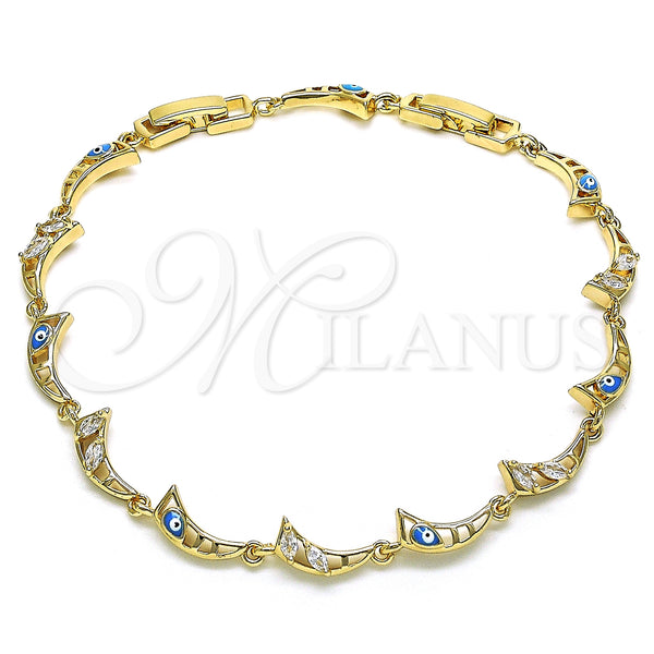 Oro Laminado Fancy Bracelet, Gold Filled Style Moon and Evil Eye Design, with White Cubic Zirconia, Turquoise Enamel Finish, Golden Finish, 03.196.0003.07 (06 MM Thickness, 7 Inches Length)