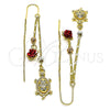 Oro Laminado Threader Earring, Gold Filled Style Turtle and Flower Design, with White Micro Pave, Polished, Tricolor, 02.253.0034