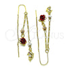 Oro Laminado Threader Earring, Gold Filled Style Dolphin and Flower Design, with Ruby and White Cubic Zirconia, Polished, Tricolor, 02.253.0035