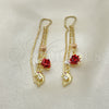 Oro Laminado Threader Earring, Gold Filled Style Dolphin and Flower Design, with Ruby and White Cubic Zirconia, Polished, Tricolor, 02.253.0035