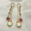 Oro Laminado Threader Earring, Gold Filled Style Guadalupe and Flower Design, with Multicolor Crystal, Polished, Tricolor, 02.253.0037