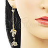 Oro Laminado Long Earring, Gold Filled Style Elephant and Heart Design, with White Cubic Zirconia and Garnet Crystal, Polished, Tricolor, 02.253.0038