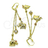 Oro Laminado Long Earring, Gold Filled Style Elephant and Heart Design, with White Cubic Zirconia and Garnet Crystal, Polished, Tricolor, 02.253.0038