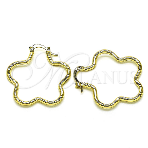 Gold Filled Hoop Earrings — Medium Hoop Flower Design Polished 02. — main product view — SKU 150253 | Oro Laminado aretes de aro — Medium Hoop flor diseño pulido 02. — SKU 150253