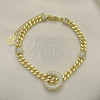 Oro Laminado Fancy Bracelet, Gold Filled Style Miami Cuban Design, with White Micro Pave, Polished, Golden Finish, 03.403.0001.07 (05 MM Thickness, 7 Inches Length)