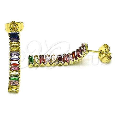 Oro Laminado Long Earring, Gold Filled Style Baguette Design, with Multicolor Cubic Zirconia, Polished, Golden Finish, 02.403.0001