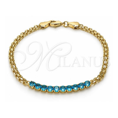 Oro Laminado Fancy Bracelet, Gold Filled Style Bismark Design, with Turquoise Cubic Zirconia, Polished, Golden Finish, 03.213.0173.08 (04 MM Thickness, 8 Inches Length)