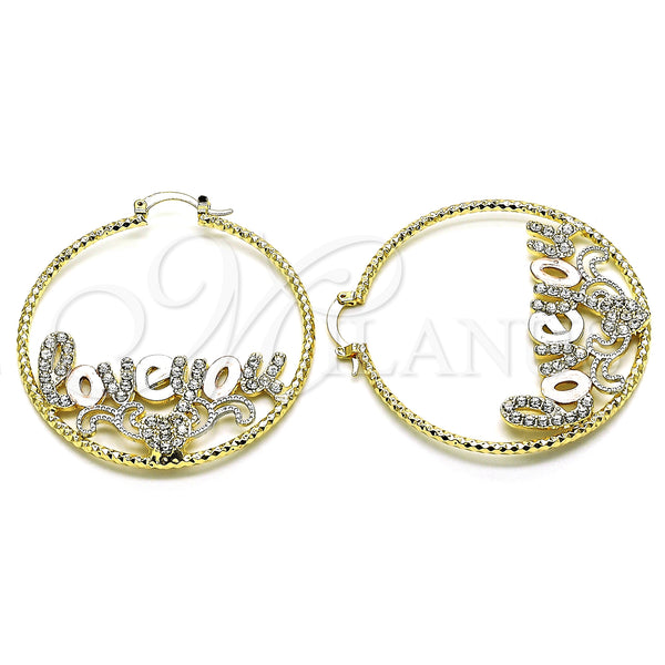 Gold Filled Hoop Earrings — Large Hoop Nameplate and Love Design with White — main product view — SKU 150300 | Oro Laminado aretes de aro — Large Hoop Nameplate and Love diseño with blanco — SKU 150300