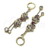 Oro Laminado Long Earring, Gold Filled Style Box and Elephant Design, with Ruby and Black Micro Pave, Polished, Golden Finish, 02.316.0080