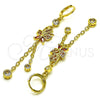 Oro Laminado Long Earring, Gold Filled Style Rolo and Butterfly Design, with Garnet Micro Pave and Garnet Cubic Zirconia, Polished, Golden Finish, 02.316.0083