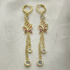 Oro Laminado Long Earring, Gold Filled Style Rolo and Butterfly Design, with Garnet Micro Pave and Garnet Cubic Zirconia, Polished, Golden Finish, 02.316.0083