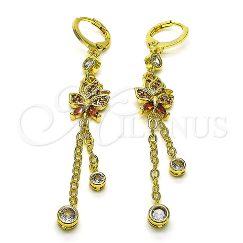 Oro Laminado Long Earring, Gold Filled Style Rolo and Butterfly Design, with Garnet Micro Pave and Garnet Cubic Zirconia, Polished, Golden Finish, 02.316.0083