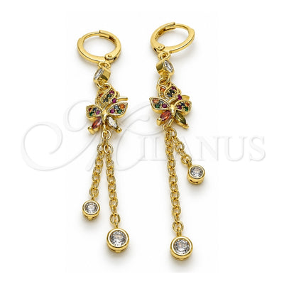 Oro Laminado Long Earring, Gold Filled Style Rolo and Butterfly Design, with Multicolor Micro Pave and Multicolor Cubic Zirconia, Polished, Golden Finish, 02.316.0083.1