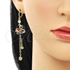 Oro Laminado Long Earring, Gold Filled Style Rolo and Swan Design, with Black Micro Pave and Multicolor Cubic Zirconia, Polished, Golden Finish, 02.316.0084