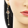 Oro Laminado Long Earring, Gold Filled Style Rolo and Frog Design, with Multicolor and White Cubic Zirconia, Polished, Golden Finish, 02.316.0085