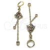 Oro Laminado Long Earring, Gold Filled Style Rolo and Frog Design, with Multicolor and White Cubic Zirconia, Polished, Golden Finish, 02.316.0085
