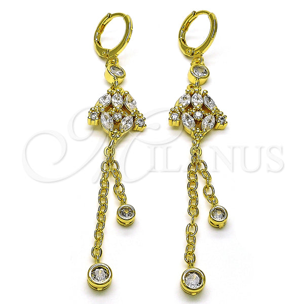 Oro Laminado Long Earring, Gold Filled Style Rolo and Frog Design, with White Cubic Zirconia, Polished, Golden Finish, 02.316.0085.1