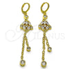 Oro Laminado Long Earring, Gold Filled Style Rolo and Frog Design, with White Cubic Zirconia, Polished, Golden Finish, 02.316.0085.1