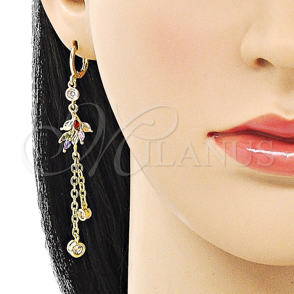 Gold Filled Ring — Long Earring Rolo and Leaf Design with Multicolor — alternate product view — SKU 150323 | Oro Laminado anillo — Long Earring Rolo and Leaf diseño with Multicolor — SKU 150323