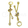 Oro Laminado Long Earring, Gold Filled Style Rolo and Leaf Design, with Multicolor and White Cubic Zirconia, Polished, Golden Finish, 02.316.0086