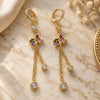 Oro Laminado Long Earring, Gold Filled Style Rolo and Leaf Design, with Multicolor and White Cubic Zirconia, Polished, Golden Finish, 02.316.0086