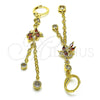 Oro Laminado Long Earring, Gold Filled Style Rolo and Leaf Design, with Garnet and White Cubic Zirconia, Polished, Golden Finish, 02.316.0086.1