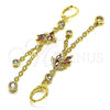 Oro Laminado Long Earring, Gold Filled Style Rolo and Leaf Design, with Garnet and White Cubic Zirconia, Polished, Golden Finish, 02.316.0086.1